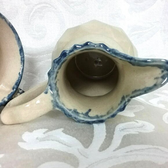 Vintage Spongeware Creamer and Sugar Set. Blue and Tan Studio Pottery Tableware - Picture 6 of 12